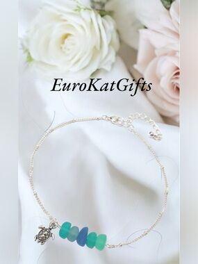 Trendy Silver Turtle Bracelet Ankle Bracelet Hand Crafted Tumbled Sea Glass NEW